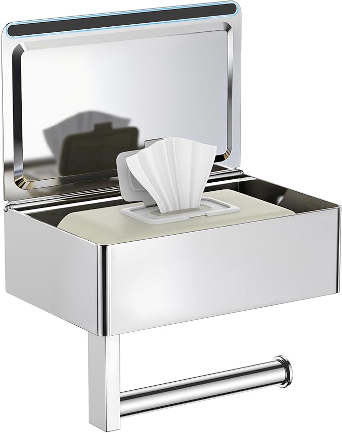 FORIOUS Toilet Paper Holder with Shelf, Sanitary Napkin Receptacle Tampon Holder, Wall Mount Toilet Paper Holder with Storage, Flushable Wipes Dispenser Fits for Bathroom Commercial(1, Chrome)