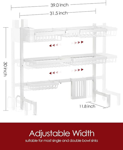 Sakugi Dish Drying Rack - Over The Sink Dish Drainer Drying Rack with Utensil & Knife Holder, Hooks, Stainless Steel Kitchen Organizers and Storage Solution, 11.8" D x 31.5"~39.0''W x 30" H, White