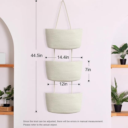 TeoKJ Over the Door Hanging Basket, 3-Tier Woven Cotton Wall-Mounted Storage Organizer Bag Decorative Hanging Nursery Baskets, White