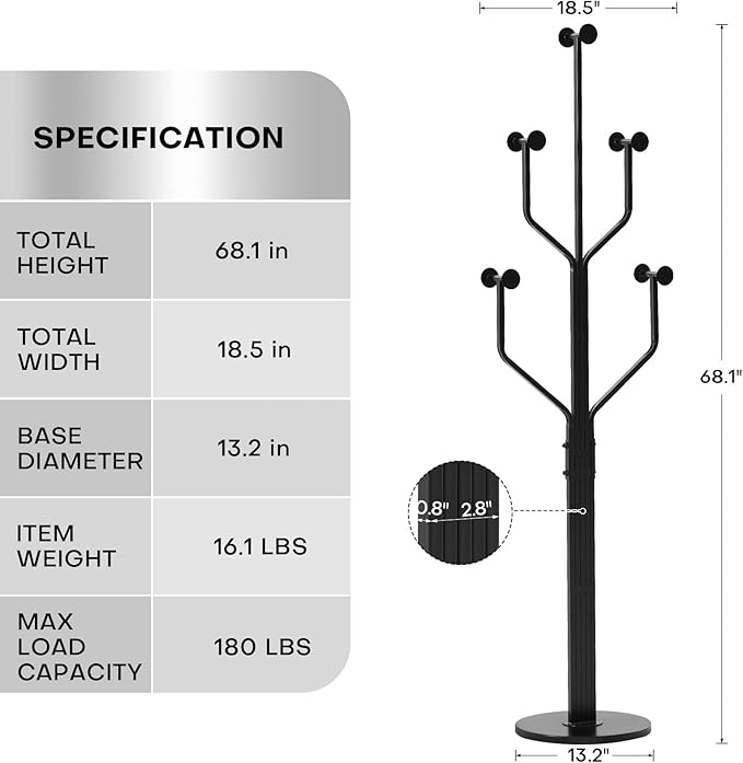Coat Rack Freestanding with 10 Hooks, Metal Coat Rack Stand, Heavy Duty Standing Coat Tree with Sturdy Round Base for Clothes, Hat, Jacket/Entryway, Hallway, Bedroom, Black