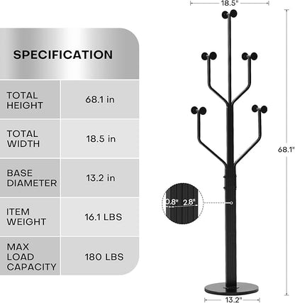 Coat Rack Freestanding with 10 Hooks, Metal Coat Rack Stand, Heavy Duty Standing Coat Tree with Sturdy Round Base for Clothes, Hat, Jacket/Entryway, Hallway, Bedroom, Black