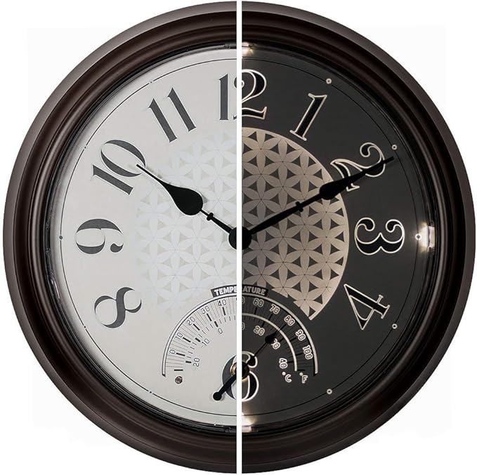 Presentime & Co. 14" in/Outdoor Luminous Wall Clock with Thermometer, Weather Thermometer, Night Light with Smart Sensor - Oil Rubbed Bronze Finish, Outdoor Lights & Decoration.