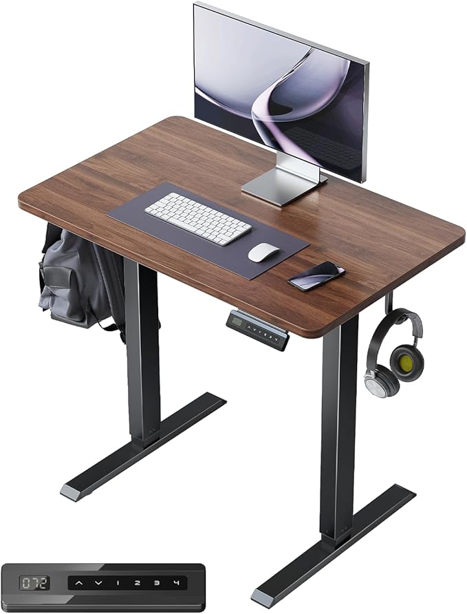 FEZIBO One-Piece Standing Desk Adjustable Height Stand up Home Office Desk, 32x20 Inch Electric Standing Computer Desk, with 4 Memory Presets, Headphone Hook, Black Walnut