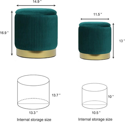 YYW HOME Green Velvet Round Storage Ottoman Set of 2 - Small Ottoman Coffee Table, Foot Stool, Removable Lid, for Living Room, Bedroom, Hallway, Assembly Free