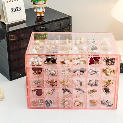YUFONG Earring Storage Box Organizer, Acrylic Jewelry Storage Box Holder 5 Drawers Transparent Jewelry Display Stand with 120 Small Compartments Gift Boxes for Women Girls (Clear Pink)