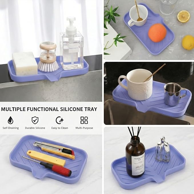 MicoYang Silicone Soap Dish with Drain Spout — Self-Draining Sink Organizer Tray for Bathroom & Kitchen, Sponges, Dispensers & Soap Holder, Non-Slip & Dishwasher Safe, Light Purple (Medium, 9.6"×5.3")