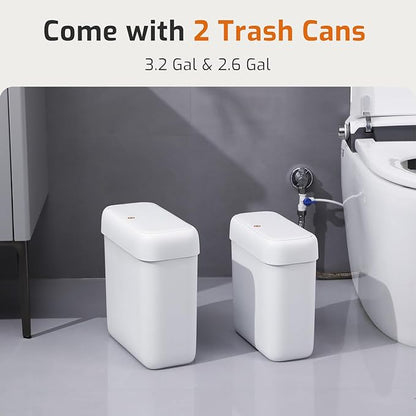 MOPALL 2 Pack Small Bathroom Trash Can with Lid, 3.2 Gallon / 11.5 L & 2.6 Gallon / 10 L Waste Basket with Pop-Up Lid, Slim Plastic Garbage Bin Dog Proof for Kitchen, Bedroom, Office, Toilet, White