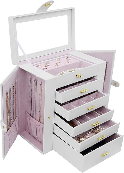 AKOZLIN Extra Large 6-Tier Jewelry Box Organizer with Mirror, 5 Drawers Leather Jewelry Storage Case for Women Girls Ring Necklace Earring Bracelet White