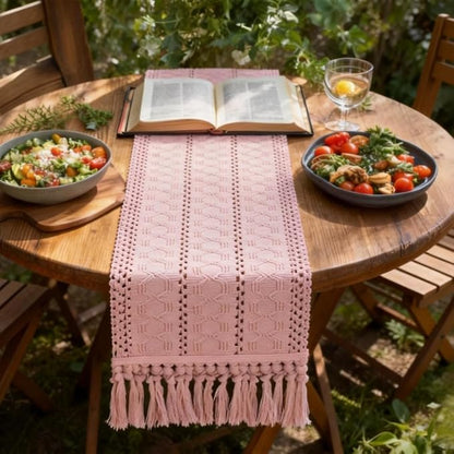Socomi Boho Table Runner Valentine's Day Farmhouse Rustic Dining Kitchen Centerpiece Decor Small Macrame Woven Cotton Linen Coffee Table Runner for Dresser Scarf Home Decor 12x72 in Pink