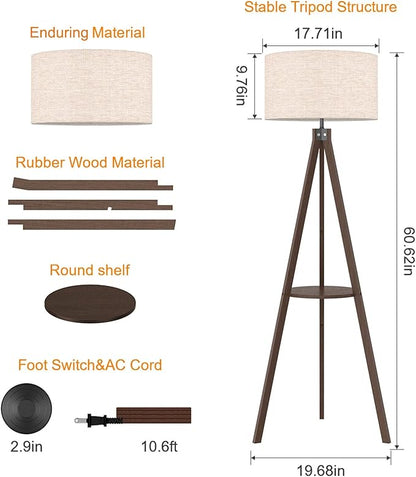 LEPOWER Mid Century Wood Standing Lamp, Modern Design Shelf Floor Lamp for Living Room, Bedroom, Office, Flaxen Shade with E26 Base, Perfect for Reading or Ambient Lighting Dark Brown