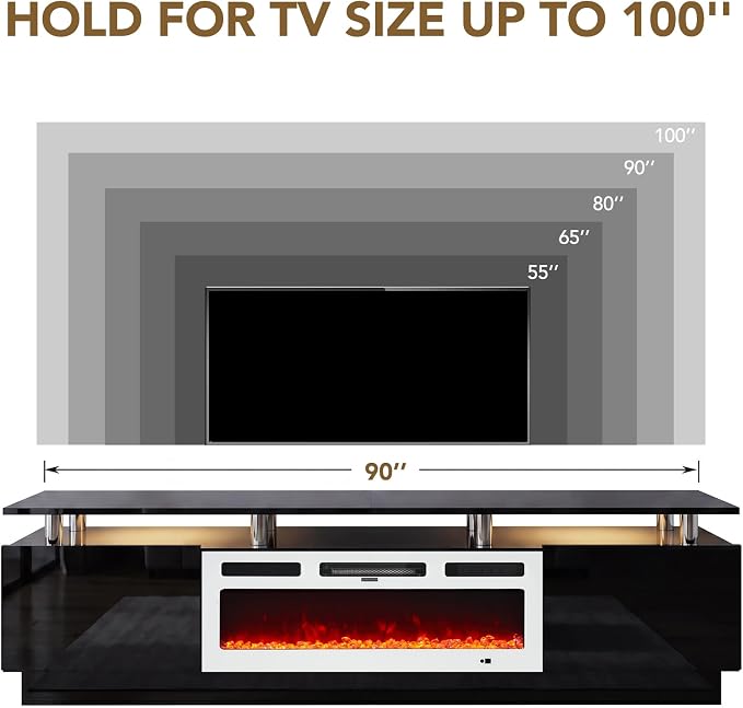 90" TV Stand for Living Room, Large Entertainment Center & Media Console, Fits TVs up to 100", Storage Cabinet with Shelves, 50" Electric Fireplace, Black & White