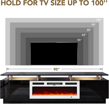 90" TV Stand for Living Room, Large Entertainment Center & Media Console, Fits TVs up to 100", Storage Cabinet with Shelves, 50" Electric Fireplace, Black & White