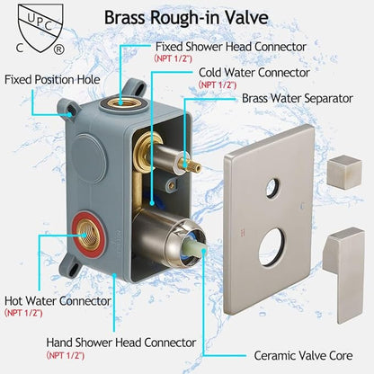 Brushed Nickel Shower System, 8 Inch High Pressure Rain Shower with Handheld, Wall Mount Shower Faucet Set for Bathroom, Rough-in Valve Body and Trim Included