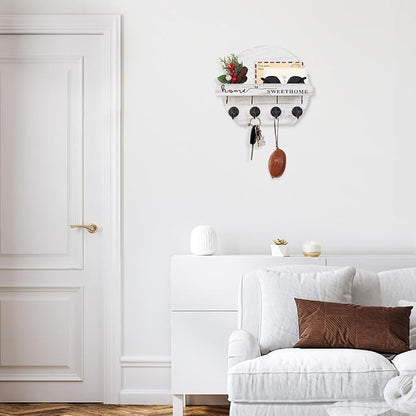 Key Holder for Wall, Key and Mail Holder Organizer - Key Holder Wall Mount with Bouquet Shelf and Key Hooks, Round Wooden Rustic Key Rack for Entryway and Home Decor (Pale White)