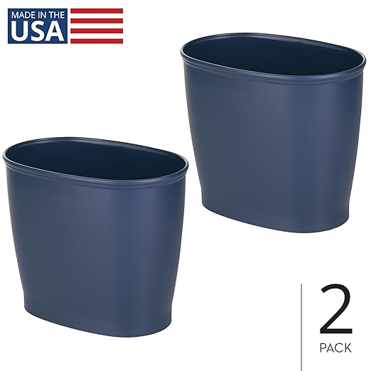 iDesign Slim Plastic Bathroom Trash Can, Small Garbage Bin for Bedroom, Office, Desk, Dorm, 2-Pack, Navy