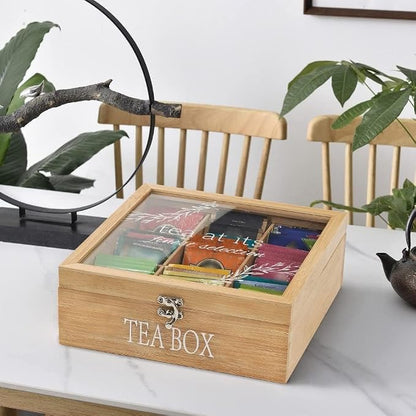 Tea Box Organizer,Decorative Tea Storage,BambooTeas Bag Holder Organizer,Modern Teas Organizers and Storage with 9 Compartments for Coffee,Tee & Sugar Pods,Packets & More