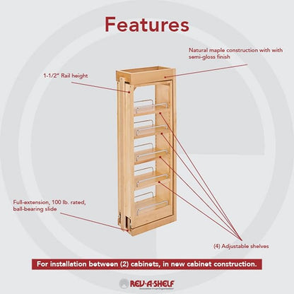 Rev-A-Shelf 6"W x 33"H Pull Out Quad Shelf Organizer for Wall & Base Kitchen Cabinets, Full Extension Filler Spice Rack, Adjustable, Wood, 432-WF33-6C
