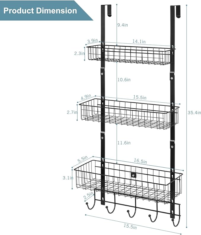 Over the Door Pantry Organizer 3 Tier Hanging Basket Back Door Storage Rack Shelf Metal Over the Door Shelves with 3 Baskets and 5 Hooks for Bathroom Kitchen Pantry Bedroom, Black