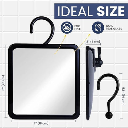 MIRRORVANA Real Glass Hanging Fogless Shower Mirror - Distortion-Free & Adjustable Swivel Hook for Effortless Shaving - Fill Back Chamber/Reservoir with Hot Water for Anti-Fog Effect (8" x 7", Black)