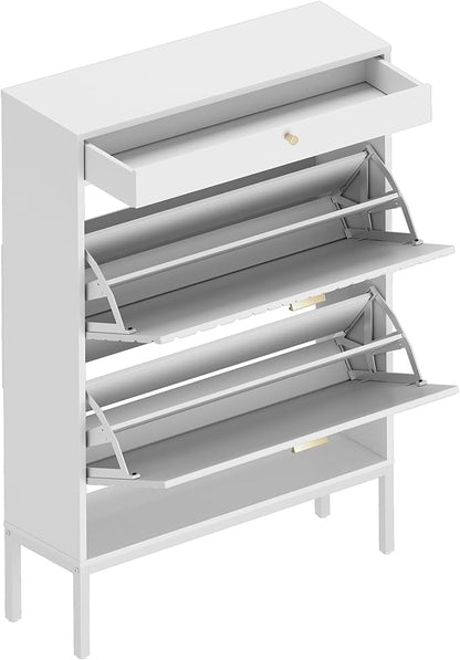 XIAO WEI Shoe Cabinet, Shoe Storage Organizer Cabinet with 2 Flip Half Moon Line Doors, Freestanding Shoe Rack with Adjustable Shelf for Entryway（White