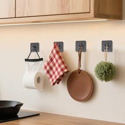 Black Adhesive Towel Hooks Heavy Duty Stick on Wall Hooks Shower Hooks for Bathroom Kitchen Door-4 Packs
