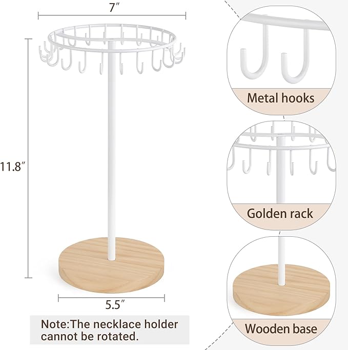 Mkono Necklace Holder Metal Jewelry Display Stand Necklace Organizer with 22 Hooks for Storage and Hanging Bracelet Keychain Home Room Decor for Women,White