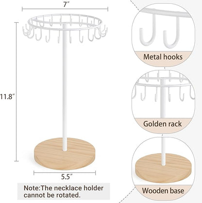 Mkono Necklace Holder Metal Jewelry Display Stand Necklace Organizer with 22 Hooks for Storage and Hanging Bracelet Keychain Home Room Decor for Women,White