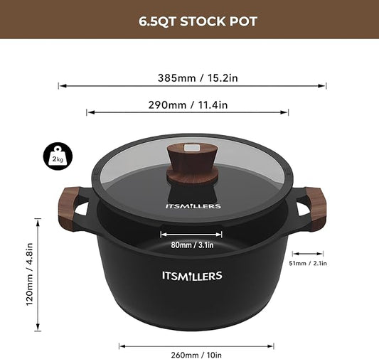 ITSMILLERS Nonstick Stock Pot, 6.5 Qt Soup Stock Pot with Strainer Lid, Induction Cooking Pot with Visible Lid for Pasta,Spaghetti, Ceramic Casserole Makes for Effortless Cleanup