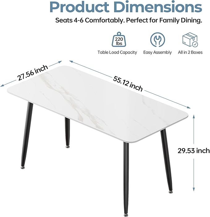 Dining Table, Sintered Stone Kitchen Table, 55'' White Modern Rectangular Slate Patio Table with Metal Legs, Indoor Outdoor Stone Dining Table for Patio, Backyard, Scratch and Heat Resistant