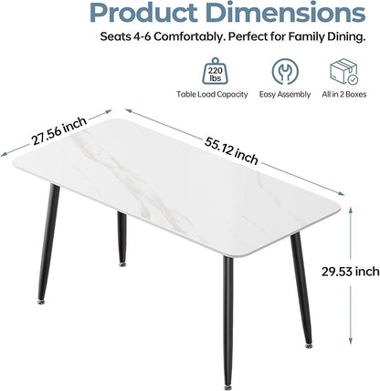 Dining Table, Sintered Stone Kitchen Table, 55'' White Modern Rectangular Slate Patio Table with Metal Legs, Indoor Outdoor Stone Dining Table for Patio, Backyard, Scratch and Heat Resistant