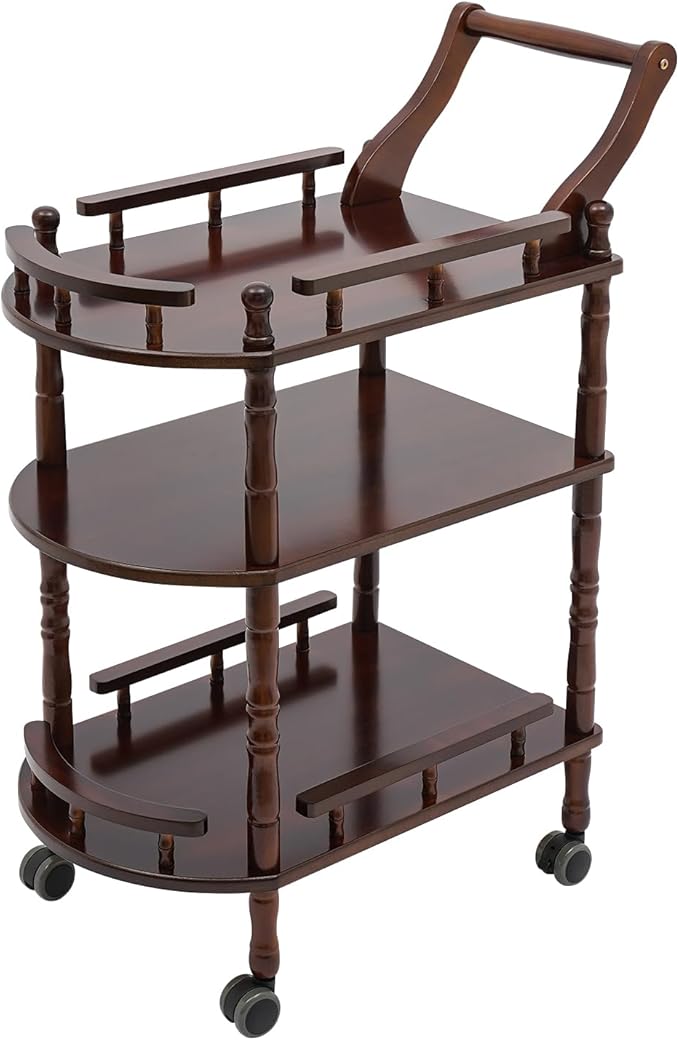 3 Tier Rolling Bar Cart, Home Bar Serving Cart, Brown Wood Mobile Bar Cart Serving Cart with Practical Handle, Multifunctional Utility Cart, for Hotels, Living Rooms, Offices, Kitchens