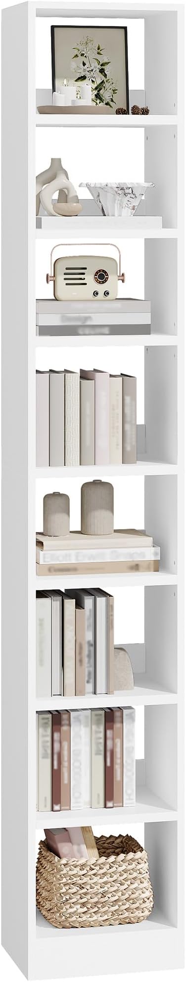 Hzuaneri Bookcase, Tall Narrow Bookshelf, Open Display Storage Shelf, Skinny Cube Book Shelf with Adjustable Shelves, CD Rack for Living Room, Home Office 8-Tier(9.4 x 11.8 x 72 inch) White BC89603X
