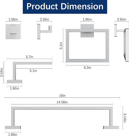 Brushed Nickel Towel Rack for Bathroom Wall Mounted, Bathroom Accessory Set 5-Pieces Bathroom Hardware Set 16In Towel Bar Set