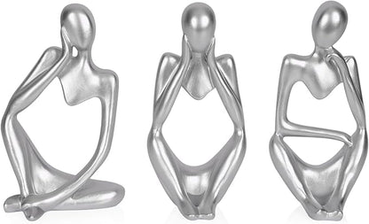 Sandstone Resin Thinker Style Abstract Sculpture Statue Collectible Figurines Home Office Bookshelf Desktop Decor (Small Silver, 3pcs)