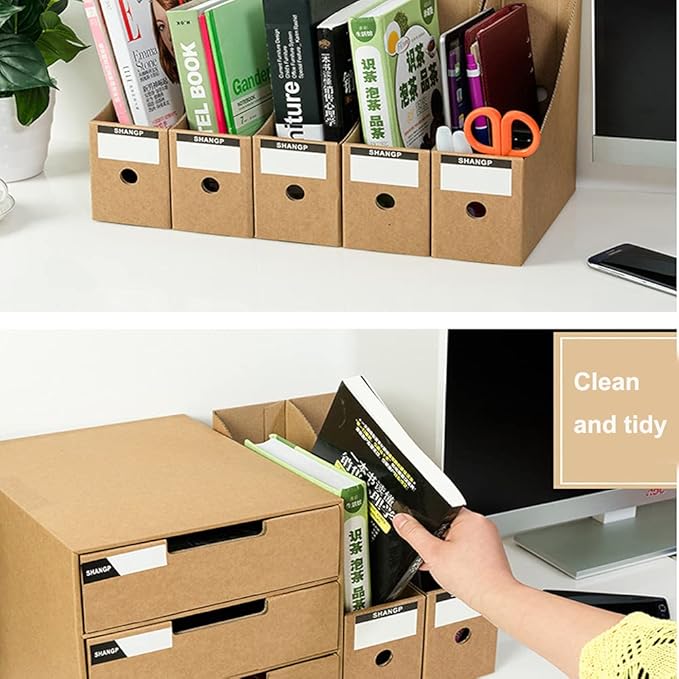 Foldable Desk File Holder Organizer Sturdy Cardboard Magazine Storage Box Document Rack with Blank Label Stickers for Home School Office (5, Brown)