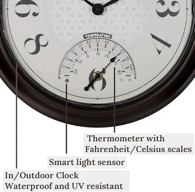 Presentime & Co. 14" in/Outdoor Luminous Wall Clock with Thermometer, Weather Thermometer, Night Light with Smart Sensor - Oil Rubbed Bronze Finish, Outdoor Lights & Decoration.