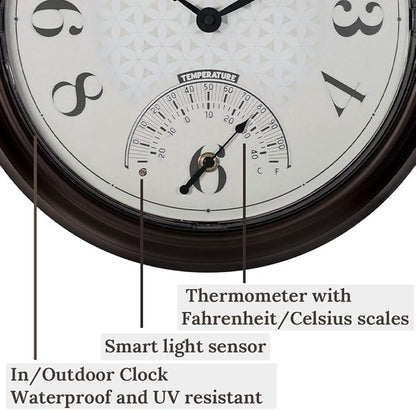 Presentime & Co. 14" in/Outdoor Luminous Wall Clock with Thermometer, Weather Thermometer, Night Light with Smart Sensor - Oil Rubbed Bronze Finish, Outdoor Lights & Decoration.