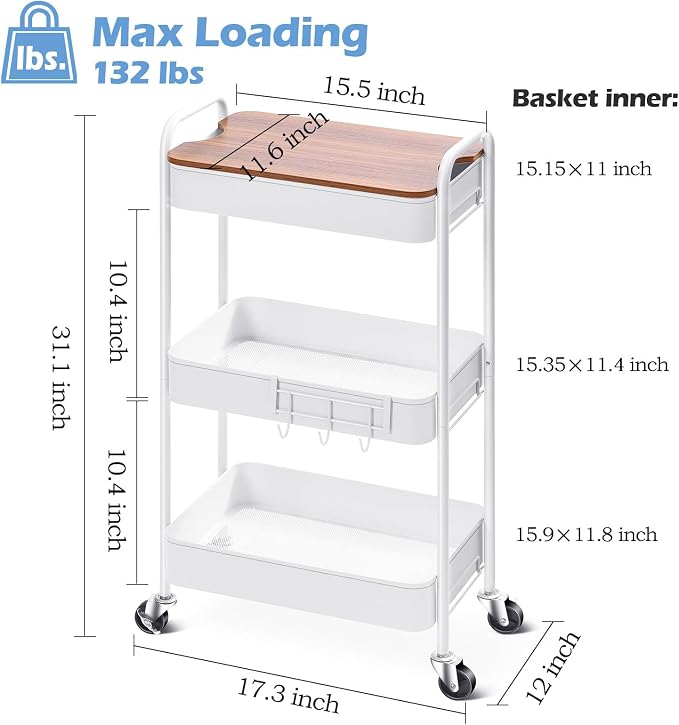 TOOLF 3-Tier Rolling Cart with Table Top, Metal Storage Cart on Wheels, Utility Organizer with Wooden Tray, Lockable Casters, Easy Assembly for Bathroom, Living Room, Office, Kitchen, White
