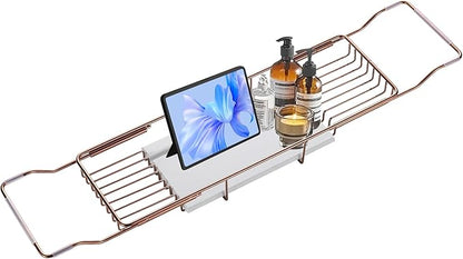 BVL Bathtub Tray Stainless Steel with Marble Base Rose Gold Bathtub Tray with White Marble Base Adjustable & Rustproof Bath Caddy for Spa, Relaxation, Bath Bombs