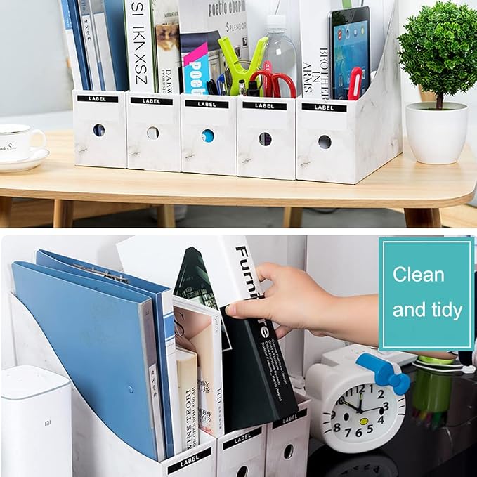 Foldable Desk File Holder Organizer Sturdy Cardboard Magazine Storage Box Document Rack with Blank Label Stickers for Home School Office (5, Marble)
