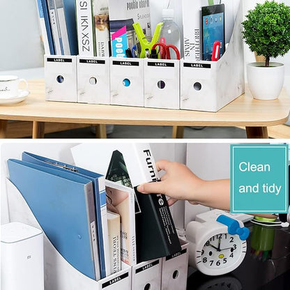 Foldable Desk File Holder Organizer Sturdy Cardboard Magazine Storage Box Document Rack with Blank Label Stickers for Home School Office (5, Marble)