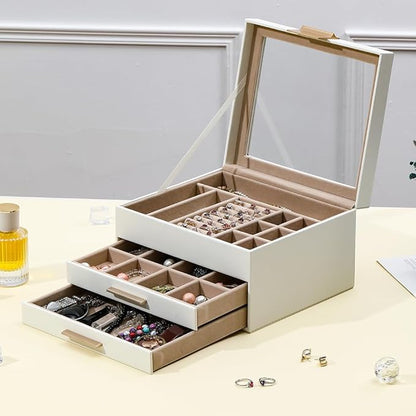 Jewelry Boxes with Glass Lid Display PU Leather Elegant Jewelry Organizer Women Multiple Drawers Stylish Storage Men for Rings Necklaces Accessories GY807 (White)