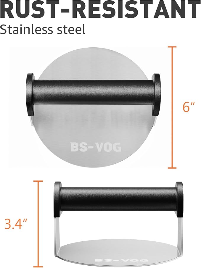 BS-VOG Burger Press, 6" Stainless Steel Burger Smasher for Griddle, Nonstick Round Hamburger Smasher Tool for Cooking Bacon, Patty, Ground Beef, Meats, Dishwasher Safe, Christmas Gift Package for Men