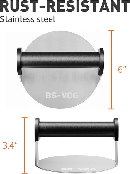 BS-VOG Burger Press, 6" Stainless Steel Burger Smasher for Griddle, Nonstick Round Hamburger Smasher Tool for Cooking Bacon, Patty, Ground Beef, Meats, Dishwasher Safe, Christmas Gift Package for Men