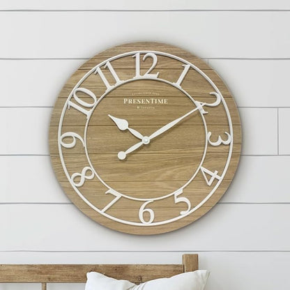 Presentime & Co Classic Farmhouse Shiplap Clock, 19.5 inch, White Arabic Numerals with Ash Wood Shiplap Style. Large Farmhouse Decor for Living Room, Entryway, Home Office, Wall Décor
