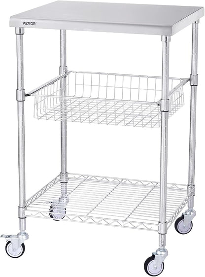 VEVOR Kitchen Utility Cart, 36.6"x20"x24" 3 Tiers Wire Rolling Cart, 470LBS Capacity Steel Service Cart with Brake Wheels, Storage Trolley with 76mm Basket PP Liner 6 Hooks, for Indoor & Outdoor Use