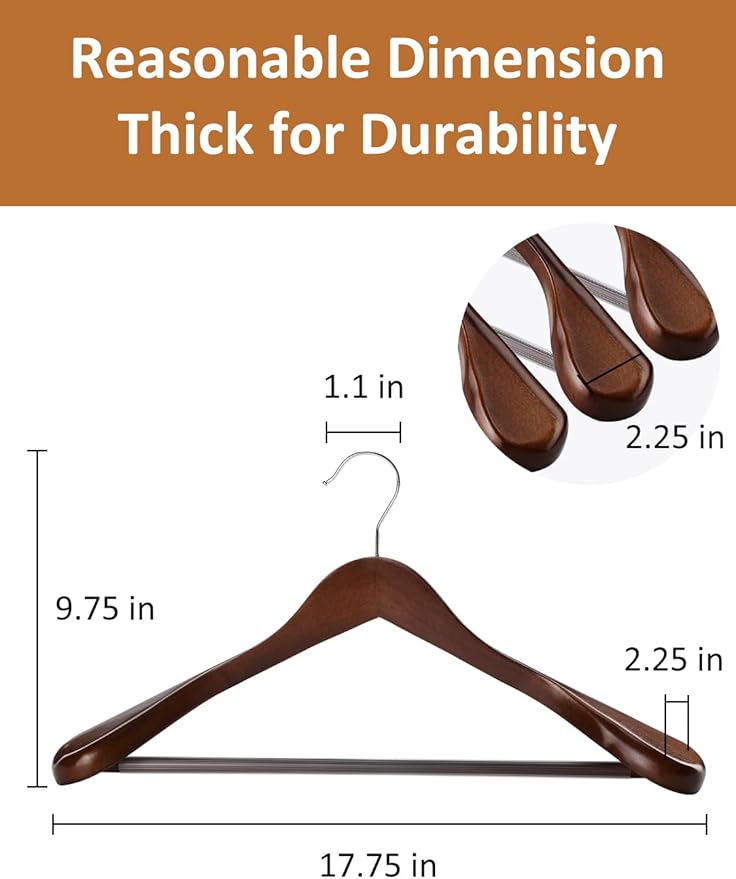 AMKUFO Wide Shoulder Wooden Hangers 8 Pack Coat Hanger with Non Slip Pants Bar, Heavy Duty Suit Hanger Wood Clothes Hangers with Smooth Finish 360° Swivel Hook for Sweater Jackets Shirts Walnut