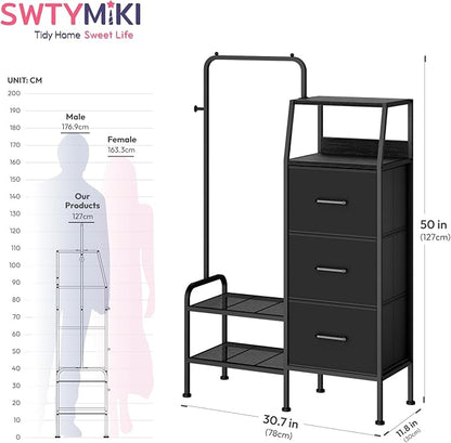 SWTYMIKI Dresser with Hanging Rack - 3 Fabric Drawers Kids Dresser for Bedroom - Reversible Tall Storage Tower, Small Space Clothes Storage Organizer Cabinet for Apartment, Dorm 49.21''H, Black