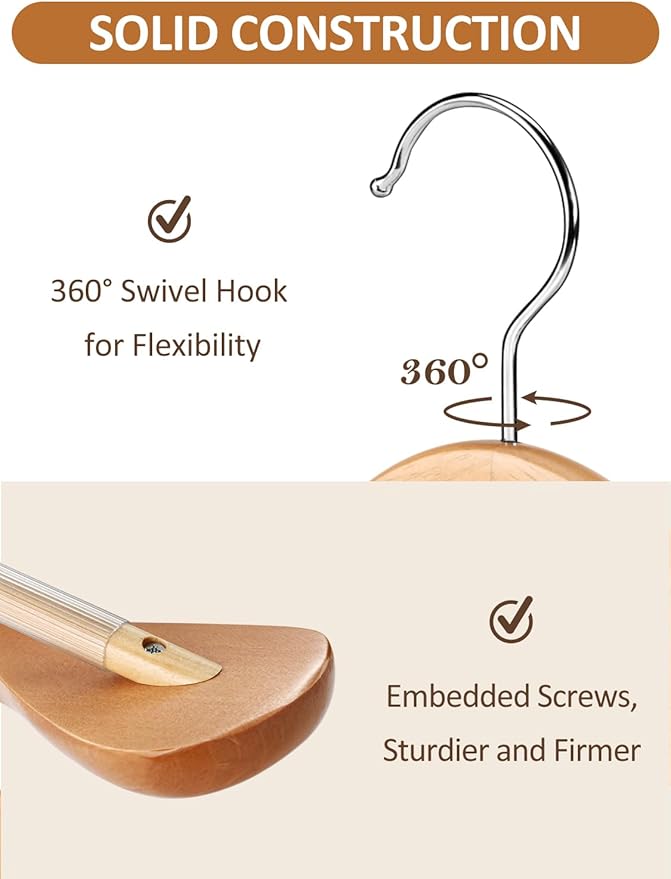 AMKUFO Wide Shoulder Wooden Hangers 8 Pack Coat Hanger with Non Slip Pants Bar, Heavy Duty Suit Hanger Wood Clothes Hangers with Smooth Finish 360° Swivel Hook for Sweater Jackets Shirts Natural