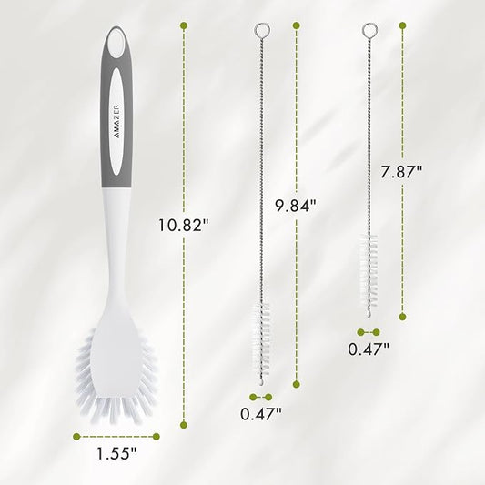 Amazer 4 Pack Dish Brush with Handle, Kitchen Scrub Brushes for Cleaning, Straw Cleaner Brushes for Water Bottle, Dish Scrubber with Stiff Bristles for Sink